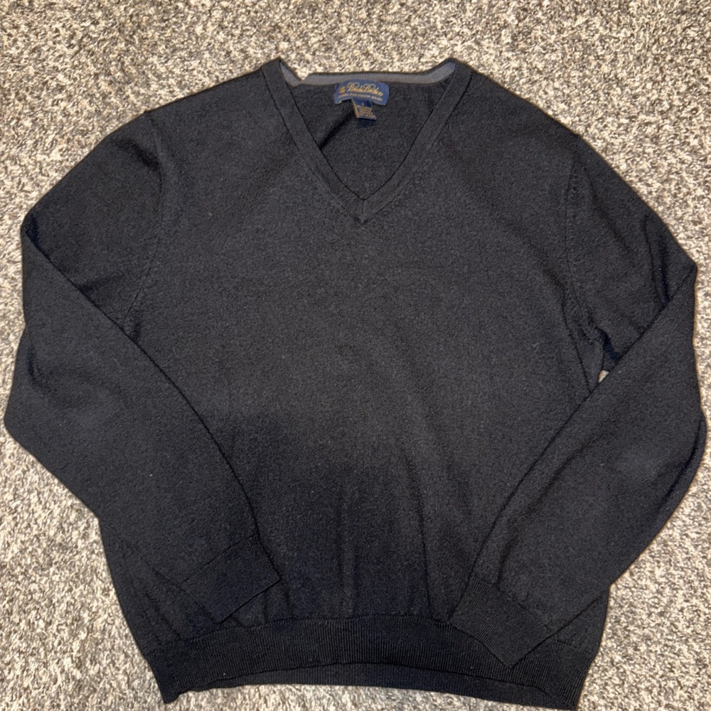 Brooks Brothers Mens Large Merino Wool V Neck Pullover Sweater Charcoal Grey